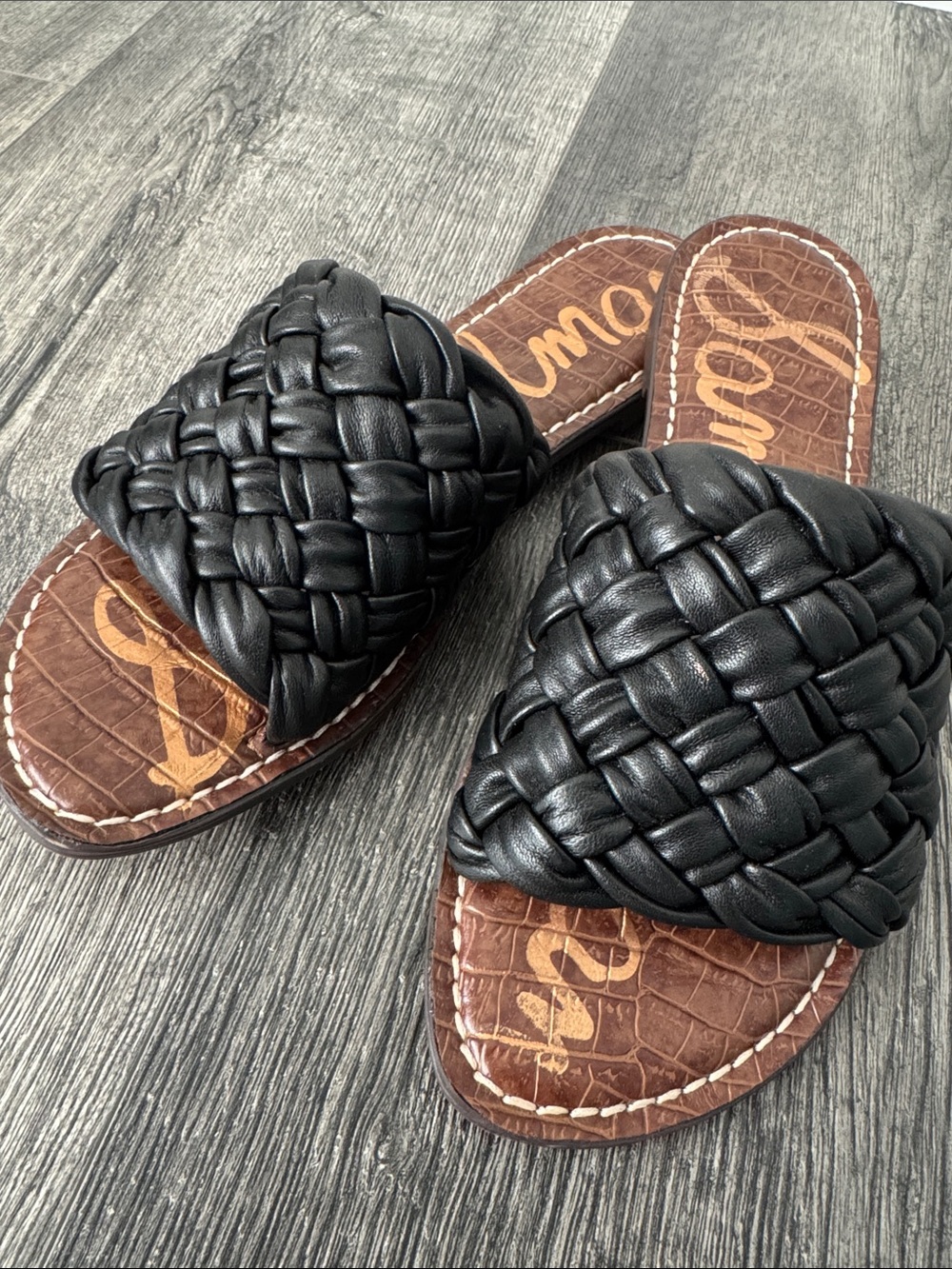 SAM EDELMAN Griffin Woven Leather Slide Sandals Size 8 Black Basket Weave Flat